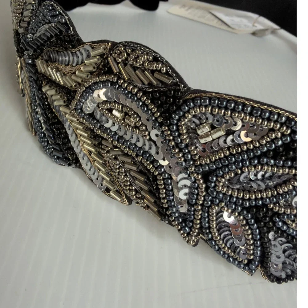 Silver Beaded Embroidered Boho Festival Floral Belt  Elastic Waistband NWT